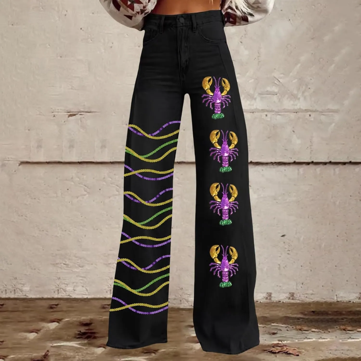 Women's Flare Jeans Wide Leg Baggy Pant Vintage Floral Printed High Waisted Straight Stretch Pants with Pockets