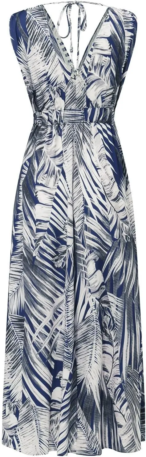 Women's Floral Long Maxi Dress Summer Spaghetti Strap Sleeveless Flowy Boho Wrap V Neck Beach Floor Length Dresses
