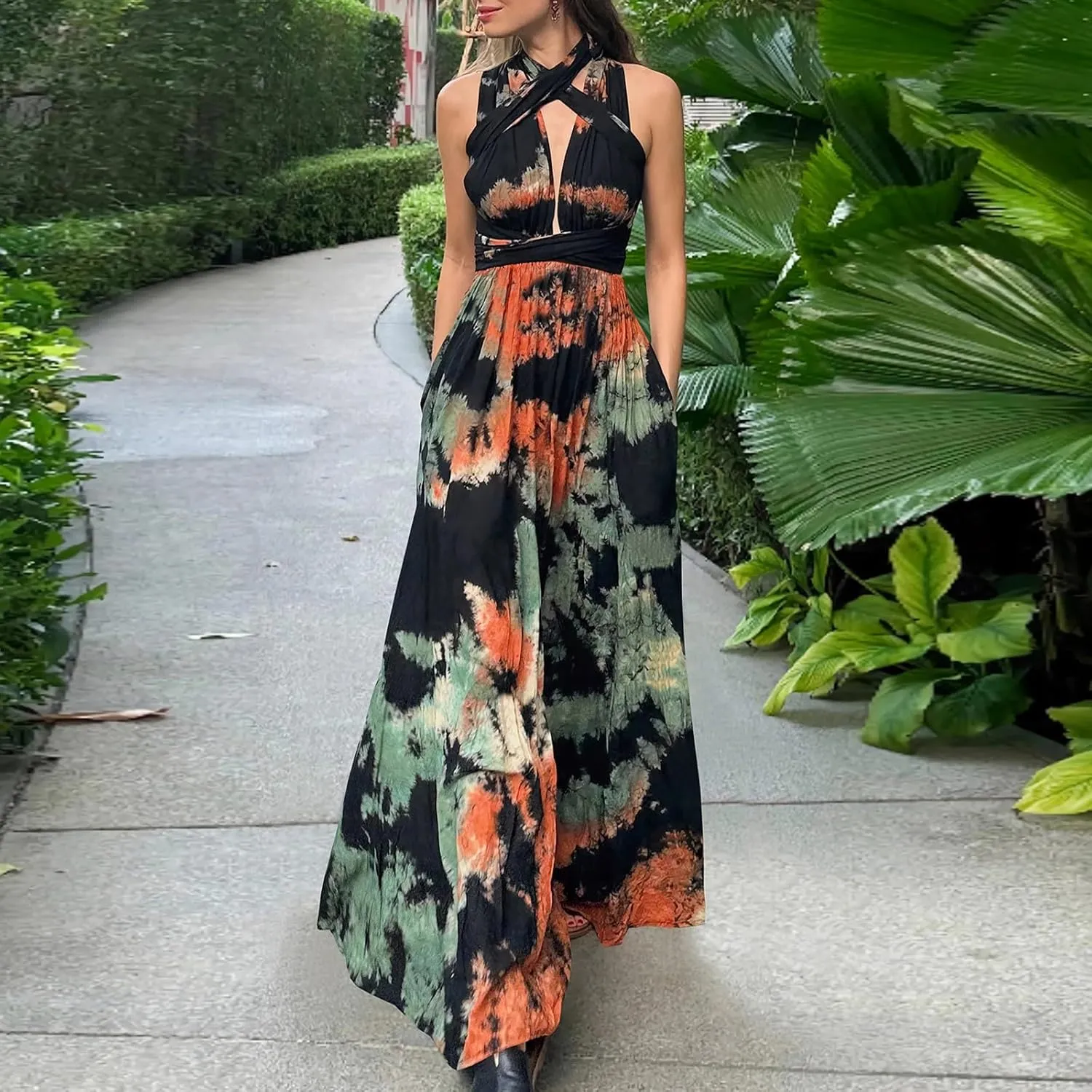 Women's Floral Long Maxi Dress Summer Spaghetti Strap Sleeveless Flowy Boho Wrap V Neck Beach Floor Length Dresses
