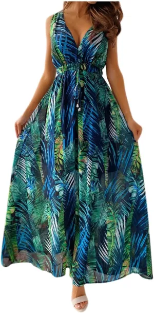 Women's Floral Long Maxi Dress Summer Spaghetti Strap Sleeveless Flowy Boho Wrap V Neck Beach Floor Length Dresses