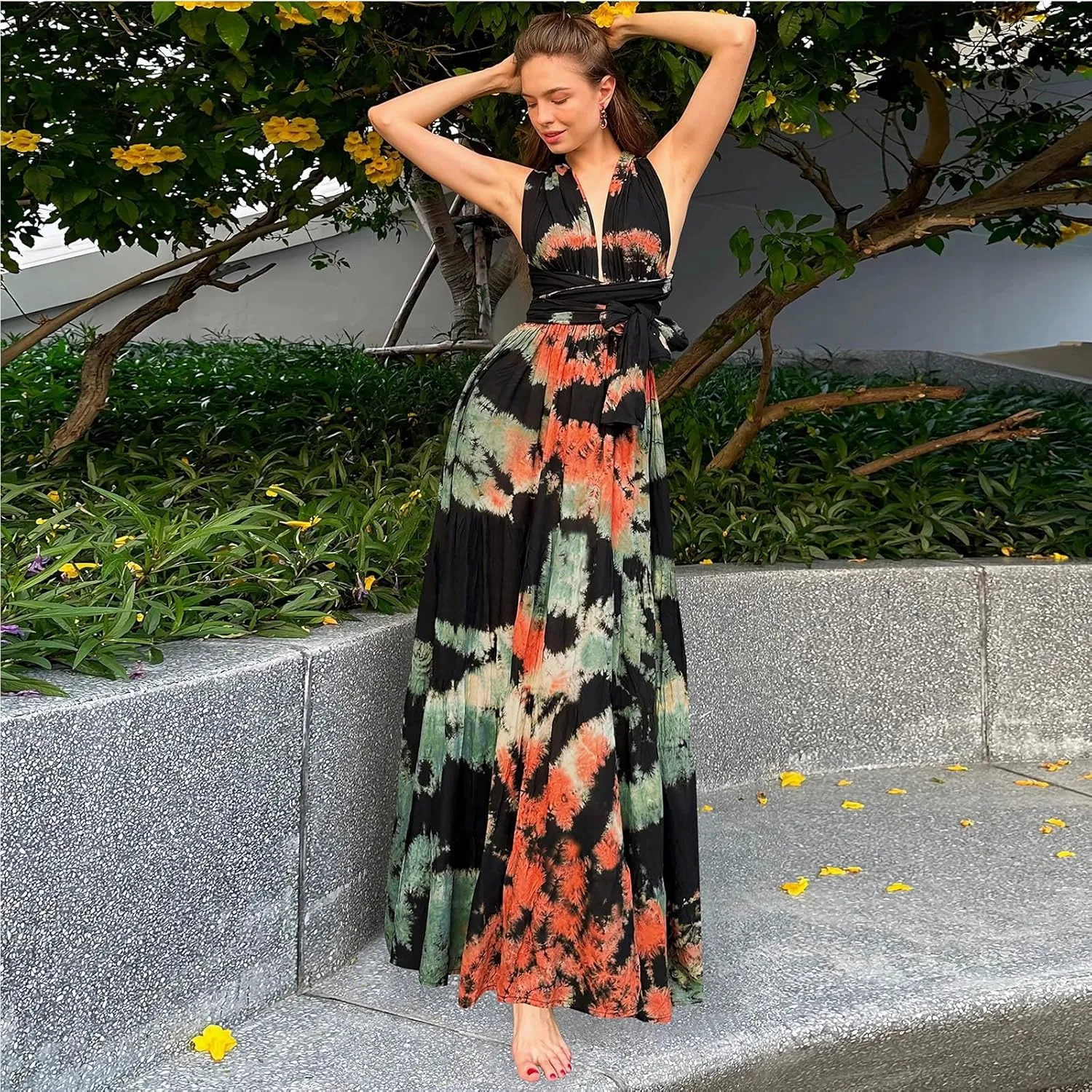 Women's Floral Long Maxi Dress Summer Spaghetti Strap Sleeveless Flowy Boho Wrap V Neck Beach Floor Length Dresses
