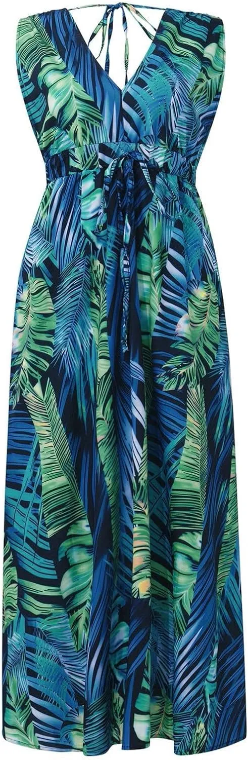 Women's Floral Long Maxi Dress Summer Spaghetti Strap Sleeveless Flowy Boho Wrap V Neck Beach Floor Length Dresses