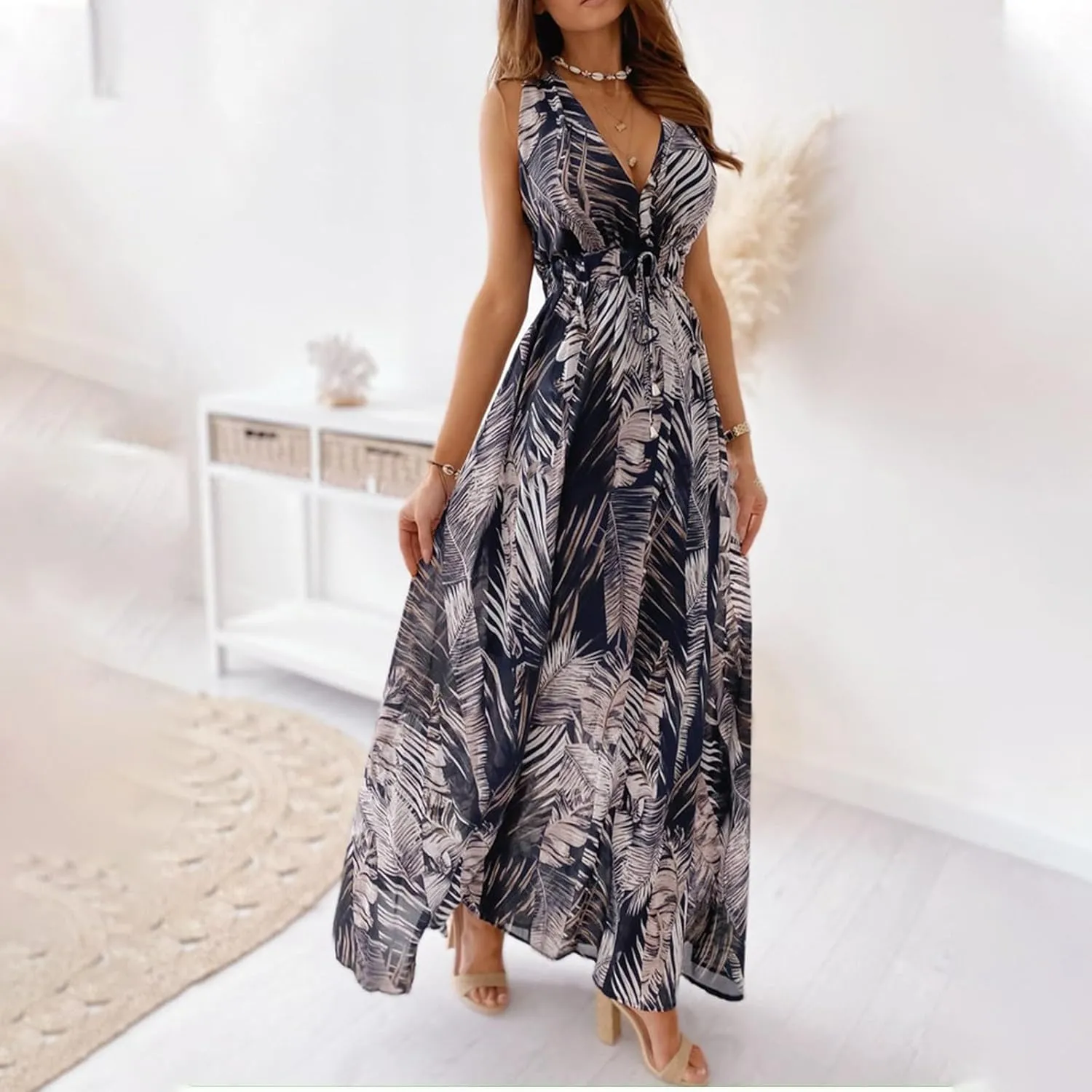 Women's Floral Long Maxi Dress Summer Spaghetti Strap Sleeveless Flowy Boho Wrap V Neck Beach Floor Length Dresses