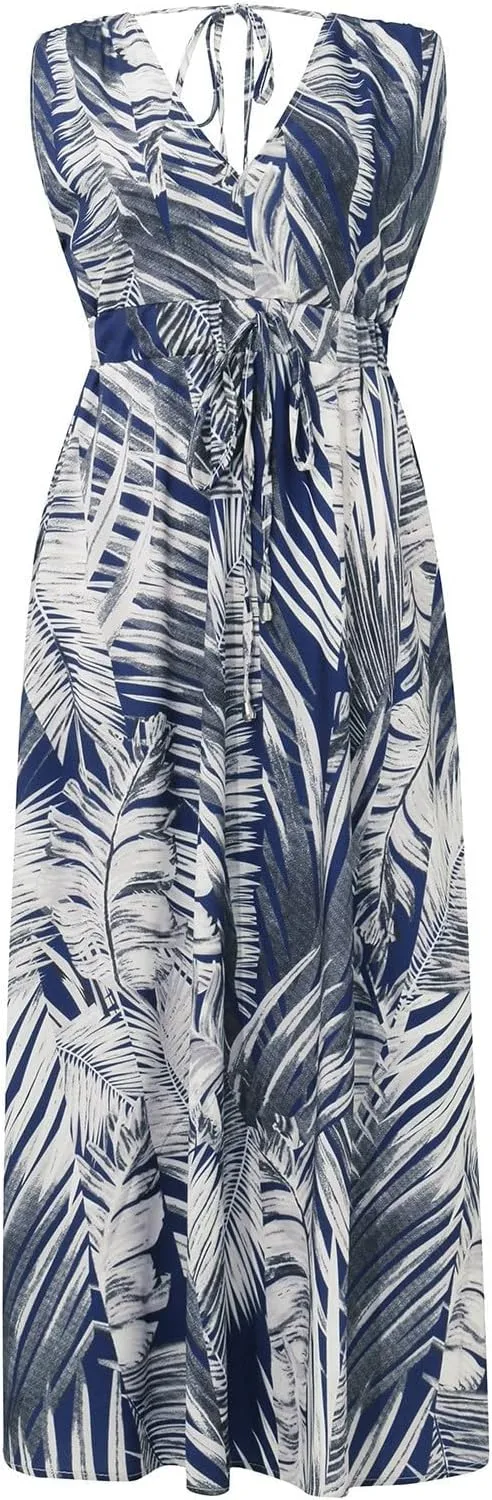 Women's Floral Long Maxi Dress Summer Spaghetti Strap Sleeveless Flowy Boho Wrap V Neck Beach Floor Length Dresses