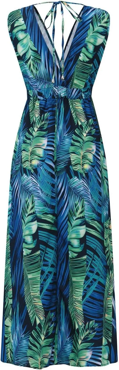 Women's Floral Long Maxi Dress Summer Spaghetti Strap Sleeveless Flowy Boho Wrap V Neck Beach Floor Length Dresses