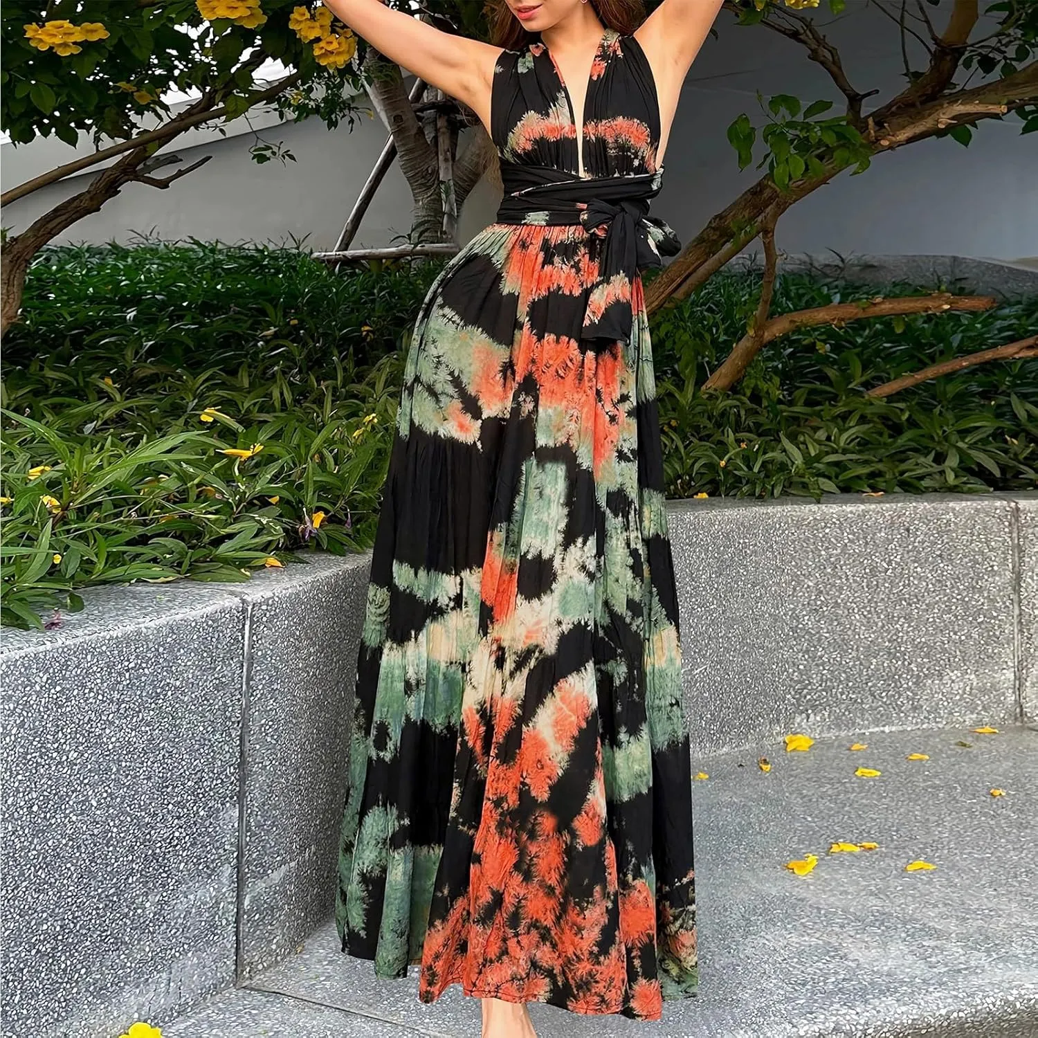 Women's Floral Long Maxi Dress Summer Spaghetti Strap Sleeveless Flowy Boho Wrap V Neck Beach Floor Length Dresses