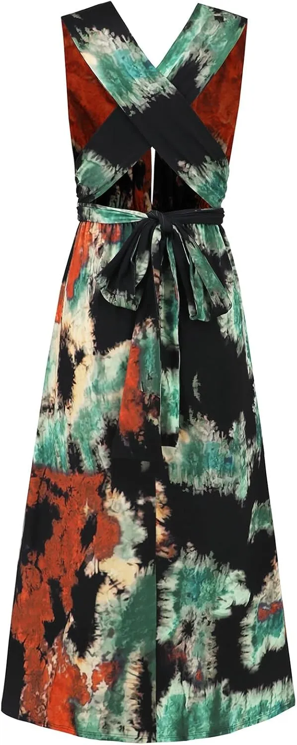 Women's Floral Long Maxi Dress Summer Spaghetti Strap Sleeveless Flowy Boho Wrap V Neck Beach Floor Length Dresses
