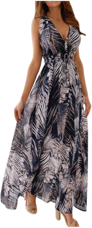 Women's Floral Long Maxi Dress Summer Spaghetti Strap Sleeveless Flowy Boho Wrap V Neck Beach Floor Length Dresses