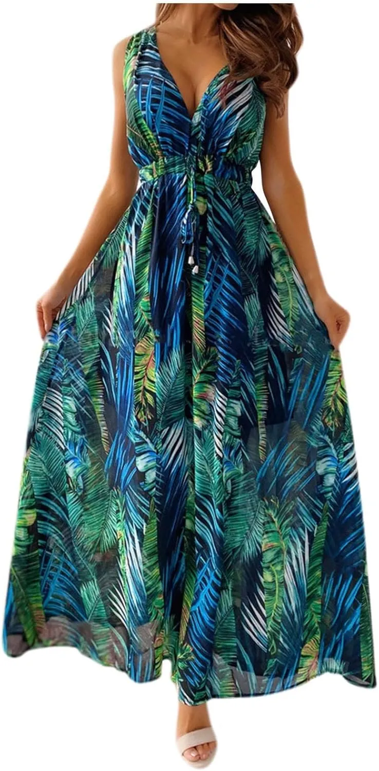 Women's Floral Long Maxi Dress Summer Spaghetti Strap Sleeveless Flowy Boho Wrap V Neck Beach Floor Length Dresses