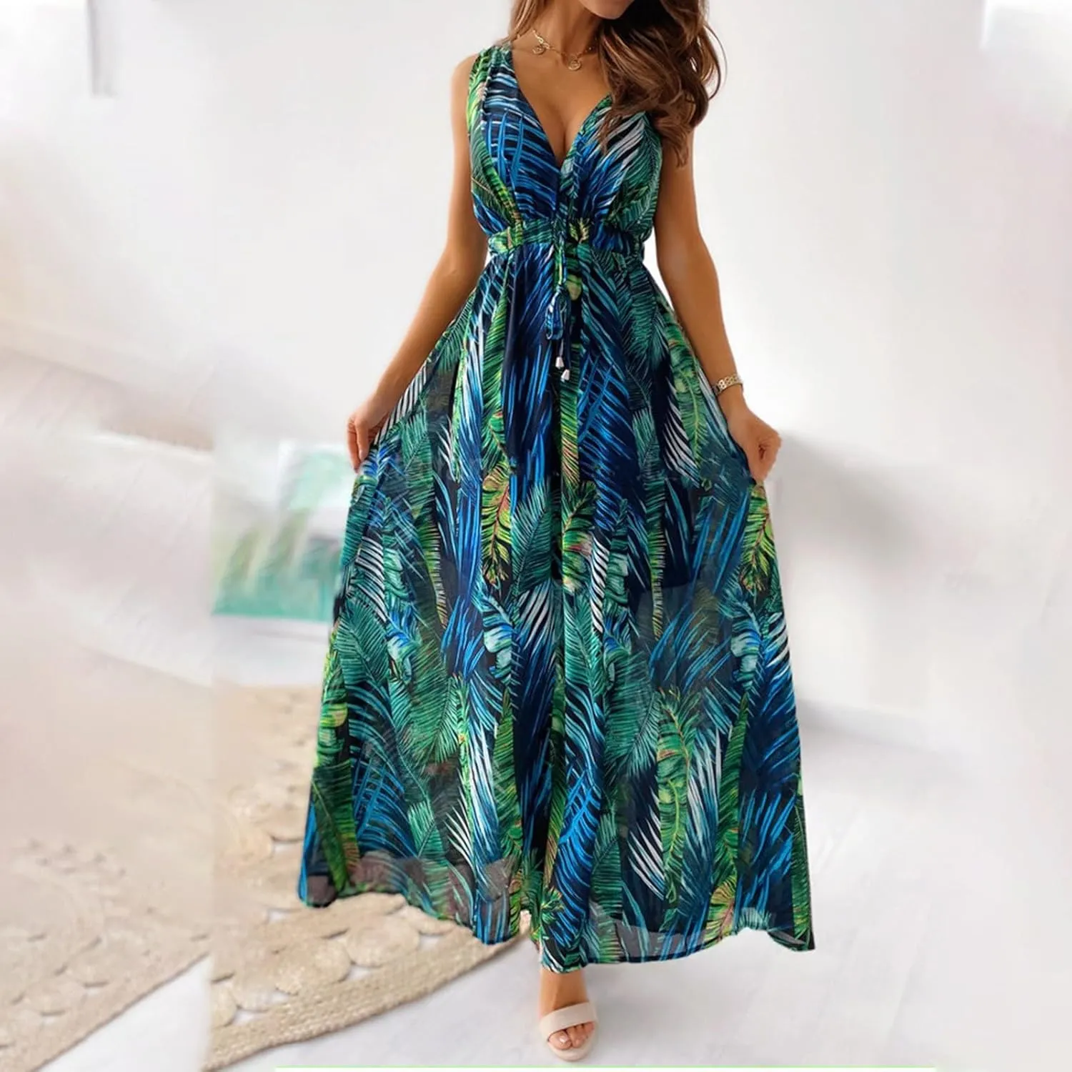 Women's Floral Long Maxi Dress Summer Spaghetti Strap Sleeveless Flowy Boho Wrap V Neck Beach Floor Length Dresses