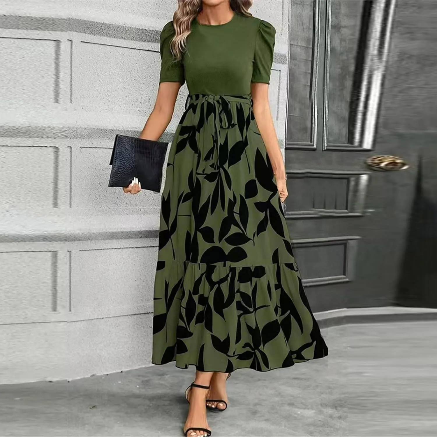 Women's Floral Printed Ruffle Short Sleeve Maxi Dress Casual Long Flowy Dresses 2025 Summer Dresses with Pockets