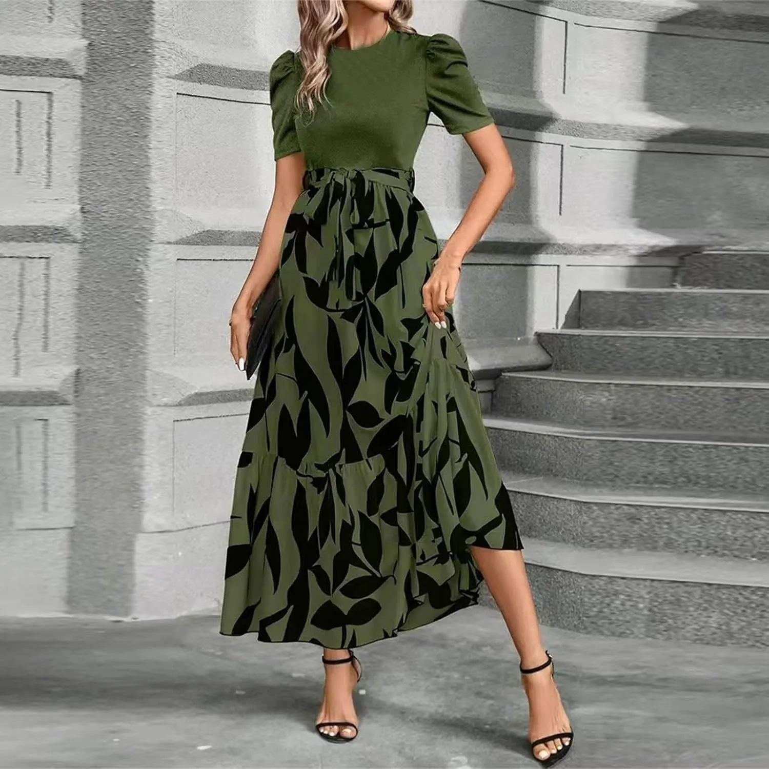 Women's Floral Printed Ruffle Short Sleeve Maxi Dress Casual Long Flowy Dresses 2025 Summer Dresses with Pockets