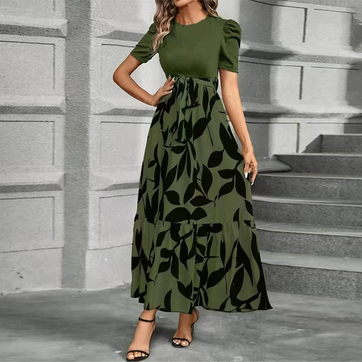 Women's Floral Printed Ruffle Short Sleeve Maxi Dress Casual Long Flowy Dresses 2025 Summer Dresses with Pockets