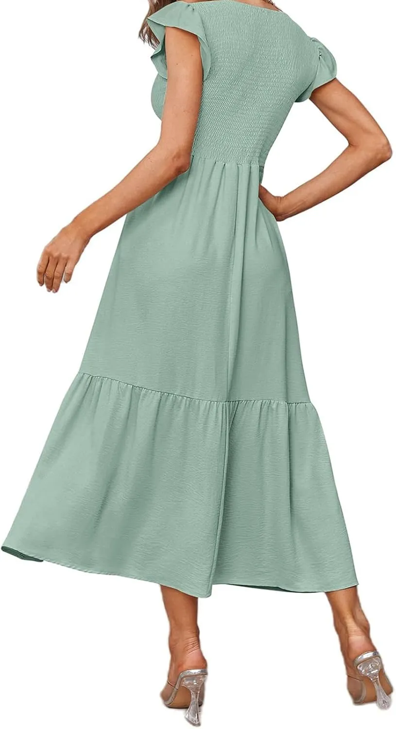 Womens Flutter Short Sleeve Smocked Midi Dress Casual Tiered Modest Floral Boho Maxi Dress Boho Sundress