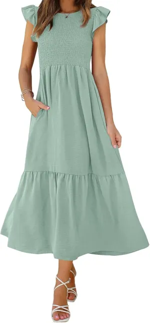 Womens Flutter Short Sleeve Smocked Midi Dress Casual Tiered Modest Floral Boho Maxi Dress Boho Sundress