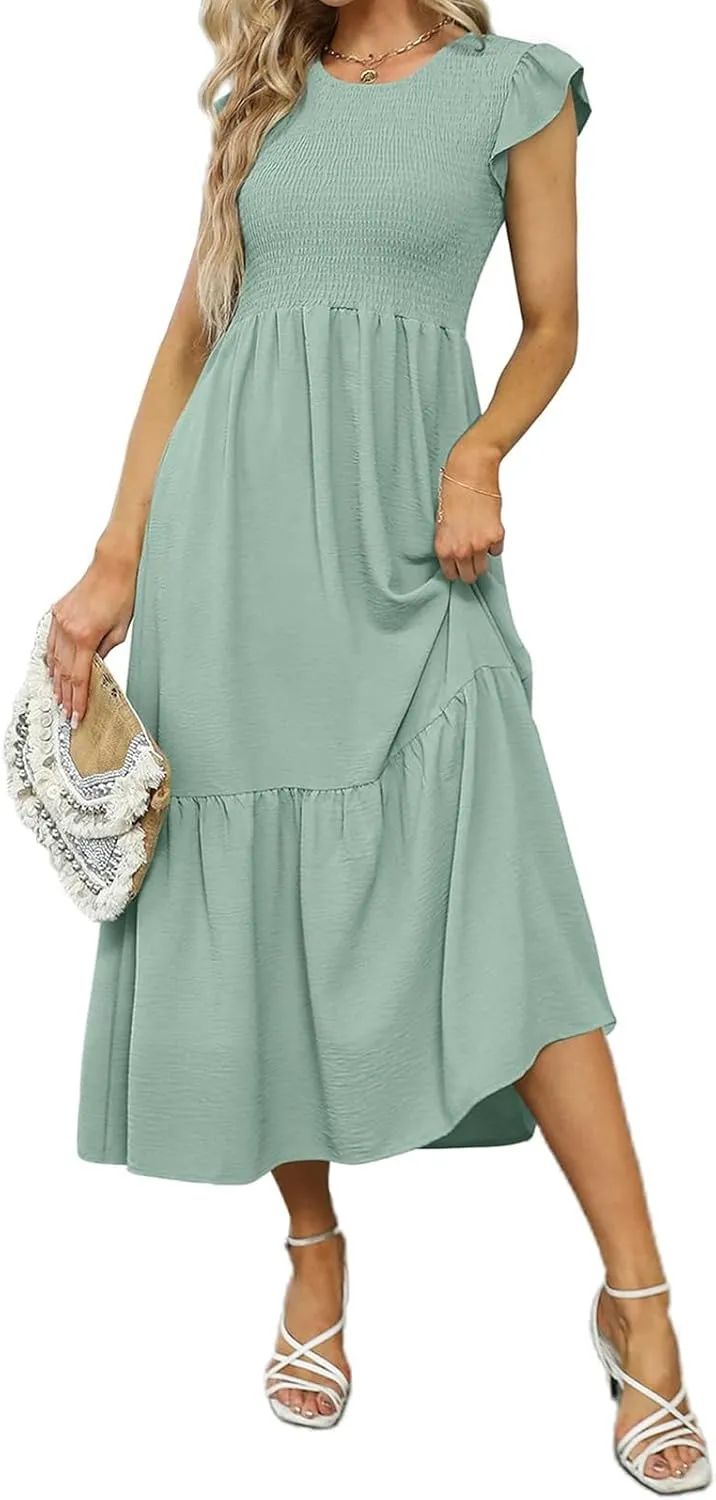 Womens Flutter Short Sleeve Smocked Midi Dress Casual Tiered Modest Floral Boho Maxi Dress Boho Sundress