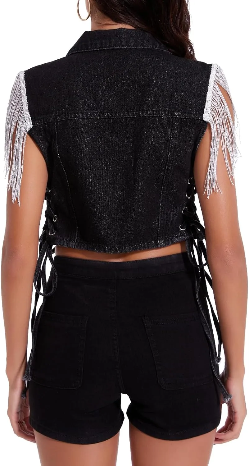 Women's Fringe Sleeveless Cropped Denim Vest Jean Jacket Outfit Tops