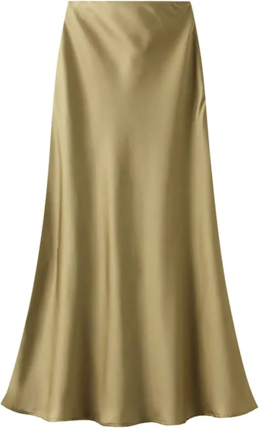 Women's High-Waisted Slim Fishtail Satin Skirt - Elastic Waist Mid-Length Swing for Summer Office Wear