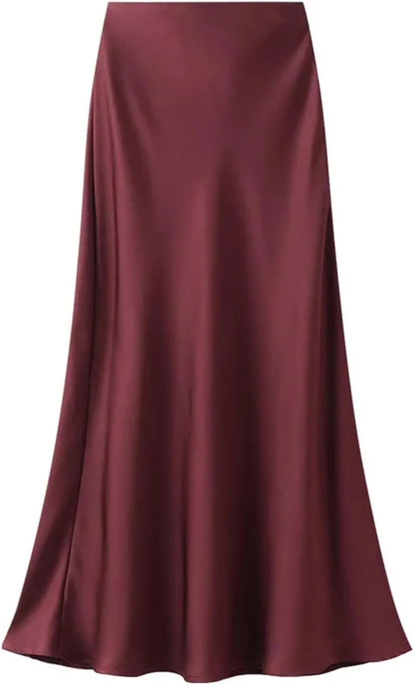Women's High-Waisted Slim Fishtail Satin Skirt - Elastic Waist Mid-Length Swing for Summer Office Wear