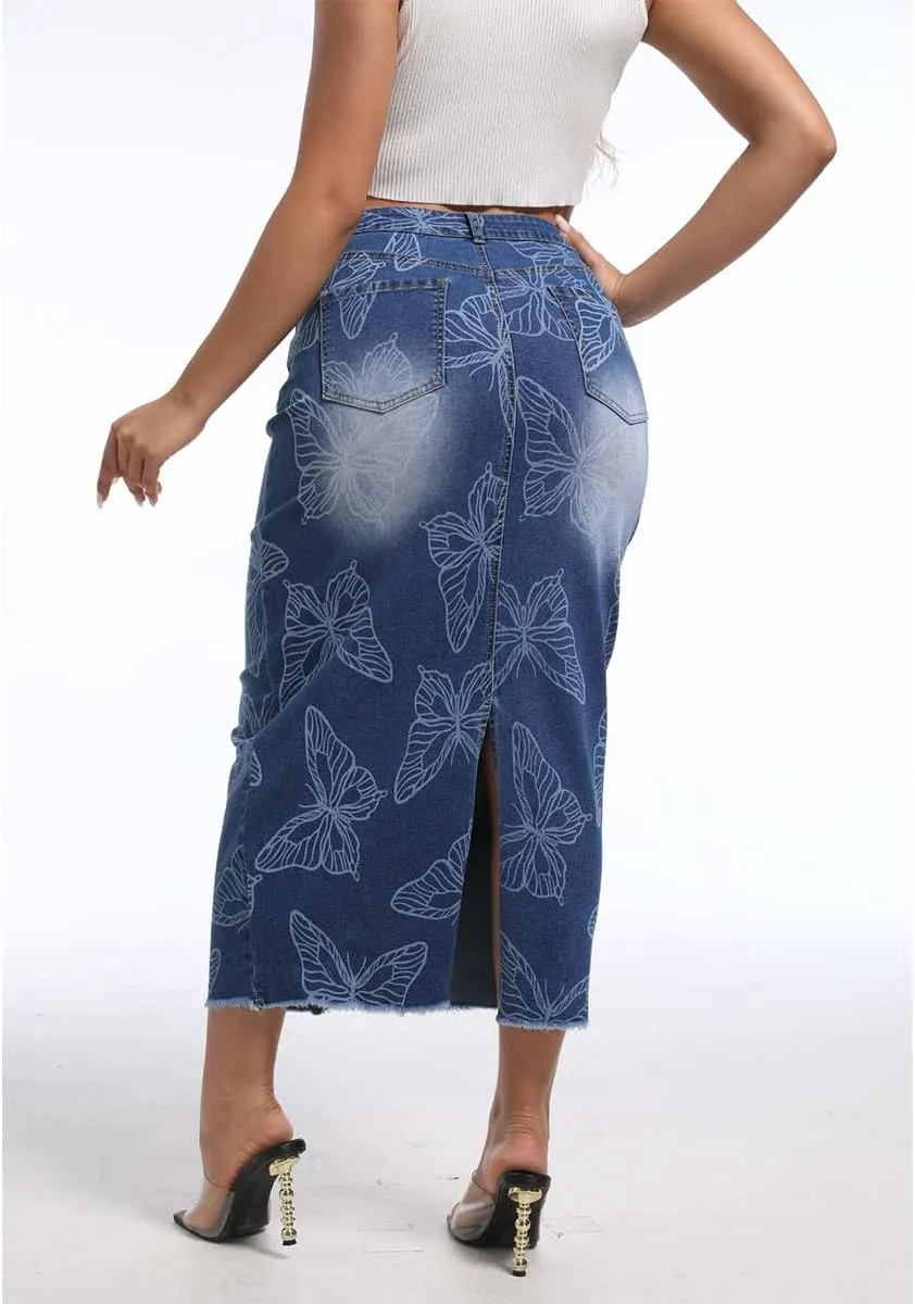 Women's High Waisted Stretchy Denim Midi Skirts Washed Printed Slit Raw Edge Skinny Wrap Hip Jean Maxi Skirt