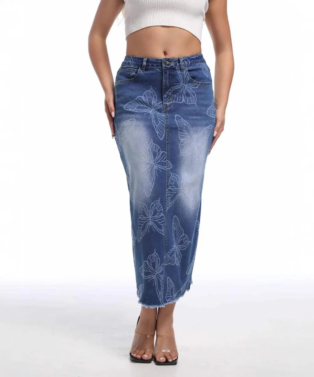Women's High Waisted Stretchy Denim Midi Skirts Washed Printed Slit Raw Edge Skinny Wrap Hip Jean Maxi Skirt