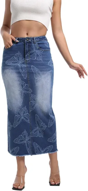 Women's High Waisted Stretchy Denim Midi Skirts Washed Printed Slit Raw Edge Skinny Wrap Hip Jean Maxi Skirt