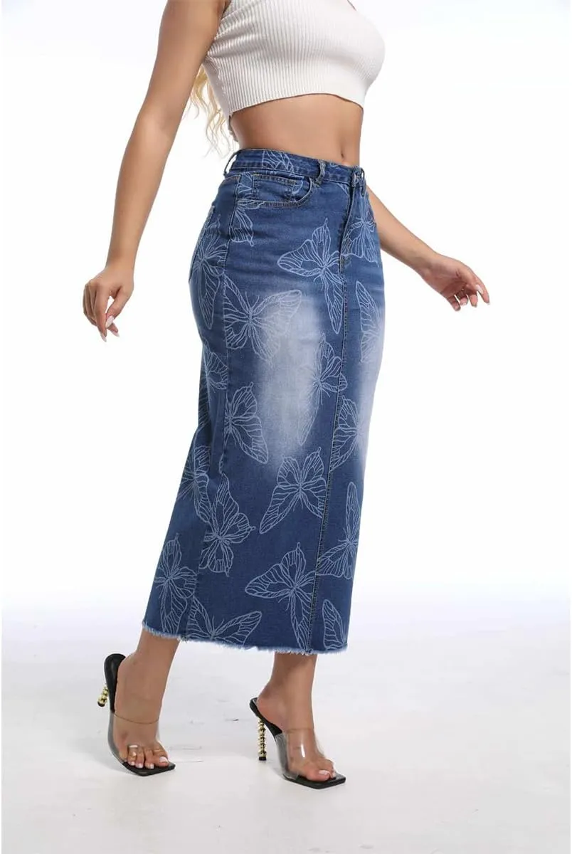 Women's High Waisted Stretchy Denim Midi Skirts Washed Printed Slit Raw Edge Skinny Wrap Hip Jean Maxi Skirt