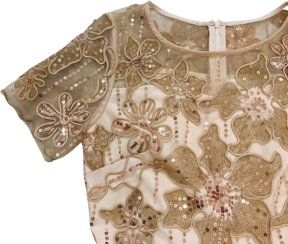 Womens Lace Embroidered Floral Sequin Banquet Evening Gown Round Neck Short Sleeve Dress