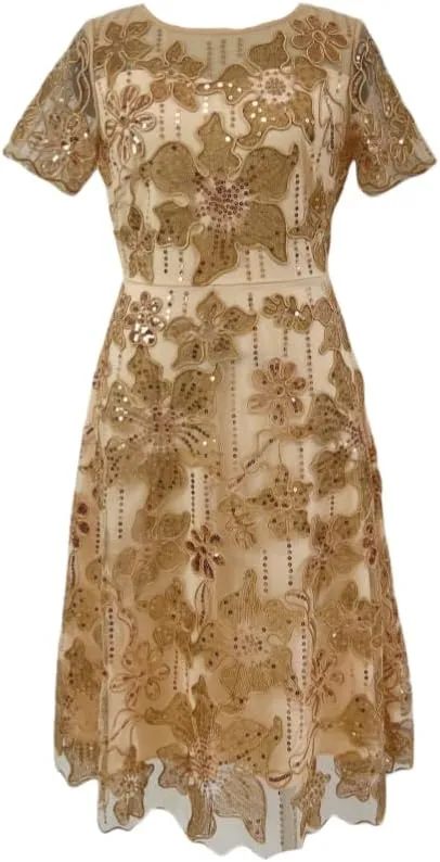 Womens Lace Embroidered Floral Sequin Banquet Evening Gown Round Neck Short Sleeve Dress