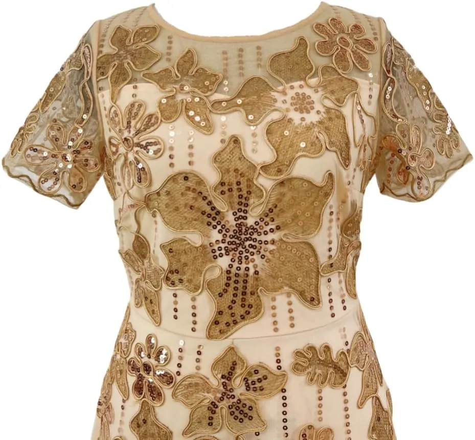 Womens Lace Embroidered Floral Sequin Banquet Evening Gown Round Neck Short Sleeve Dress