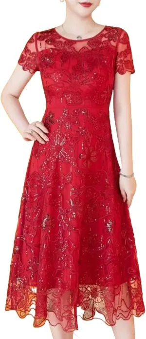 Womens Lace Embroidered Floral Sequin Banquet Evening Gown Round Neck Short Sleeve Dress