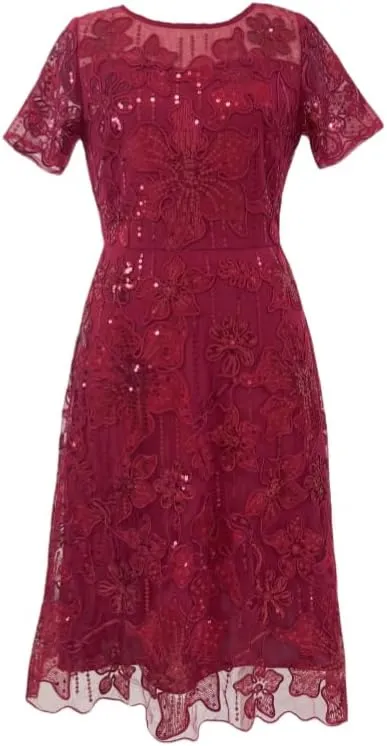 Womens Lace Embroidered Floral Sequin Banquet Evening Gown Round Neck Short Sleeve Dress