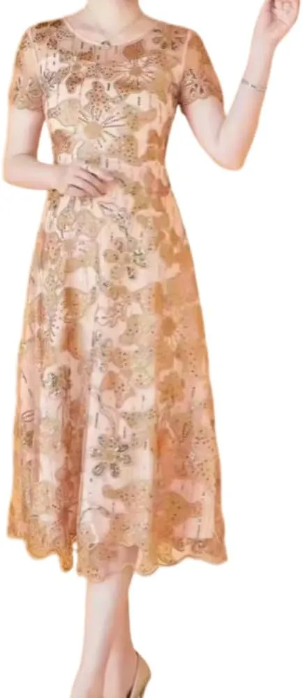 Womens Lace Embroidered Floral Sequin Banquet Evening Gown Round Neck Short Sleeve Dress