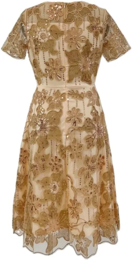Womens Lace Embroidered Floral Sequin Banquet Evening Gown Round Neck Short Sleeve Dress