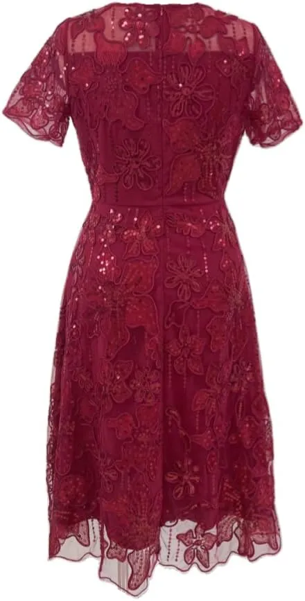 Womens Lace Embroidered Floral Sequin Banquet Evening Gown Round Neck Short Sleeve Dress