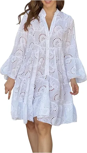 Women's Lace Eyelet Embroidery Maxi Dress V-Neck Long Puff Trumpet Sleeve Boho A Line Ruffle Flowy Swing Dress