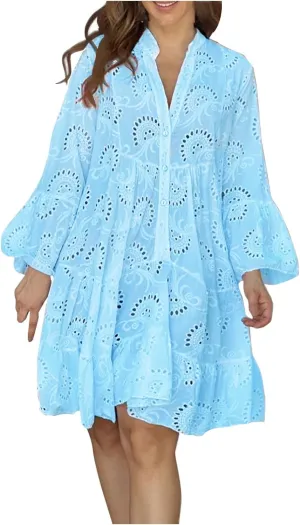 Women's Lace Eyelet Embroidery Maxi Dress V-Neck Long Puff Trumpet Sleeve Boho A Line Ruffle Flowy Swing Dress