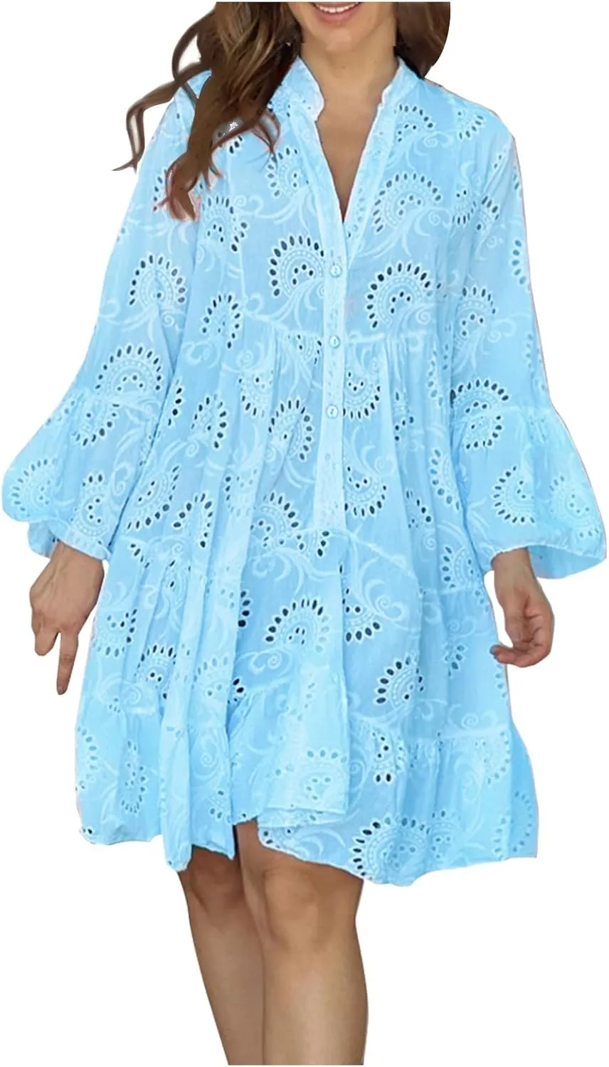 Women's Lace Eyelet Embroidery Maxi Dress V-Neck Long Puff Trumpet Sleeve Boho A Line Ruffle Flowy Swing Dress