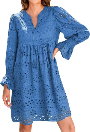 Women's Lace Eyelet Embroidery Maxi Dress V-Neck Long Puff Trumpet Sleeve Boho A Line Ruffle Flowy Swing Dress
