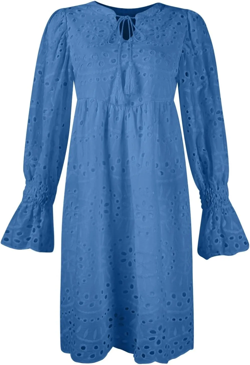 Women's Lace Eyelet Embroidery Maxi Dress V-Neck Long Puff Trumpet Sleeve Boho A Line Ruffle Flowy Swing Dress