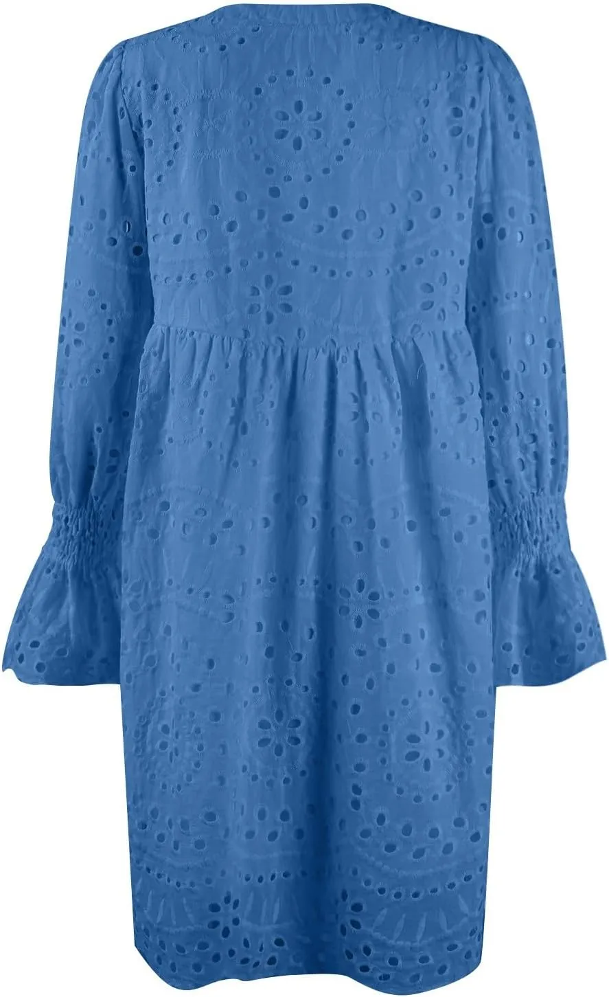Women's Lace Eyelet Embroidery Maxi Dress V-Neck Long Puff Trumpet Sleeve Boho A Line Ruffle Flowy Swing Dress