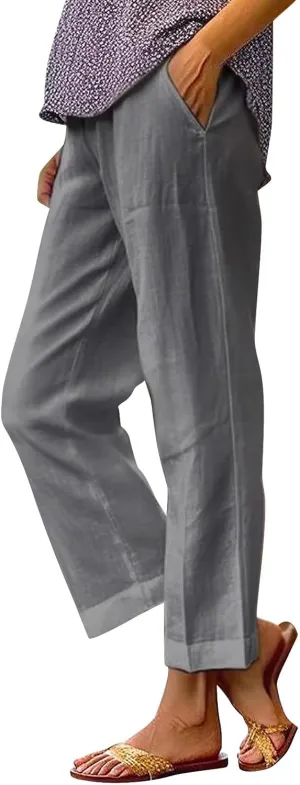 Womens Linen Pants Solid Elastic Pants Long Drawstring Linen Women Waist Cotton Casual Pants Summer Boho Wide Leg