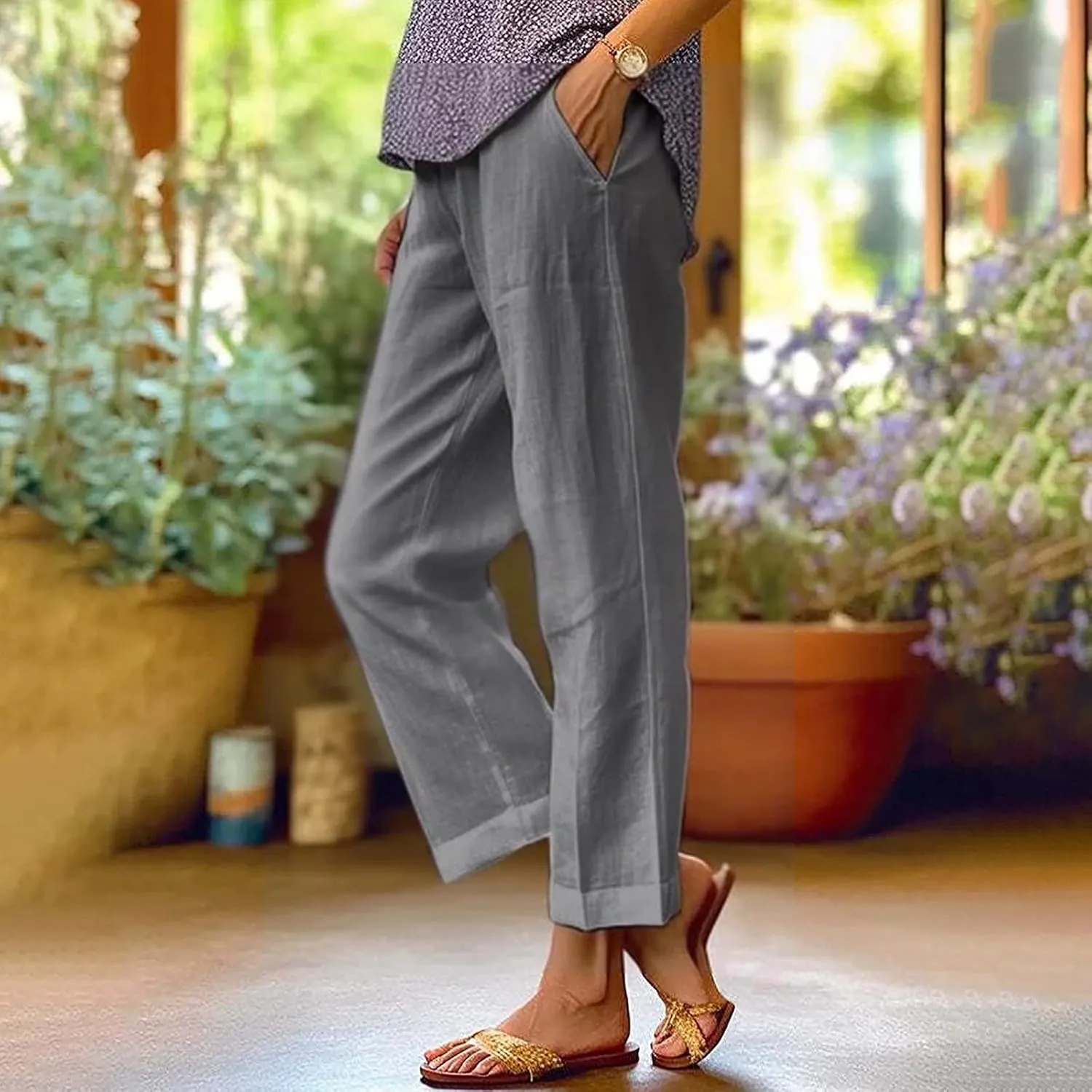 Womens Linen Pants Solid Elastic Pants Long Drawstring Linen Women Waist Cotton Casual Pants Summer Boho Wide Leg