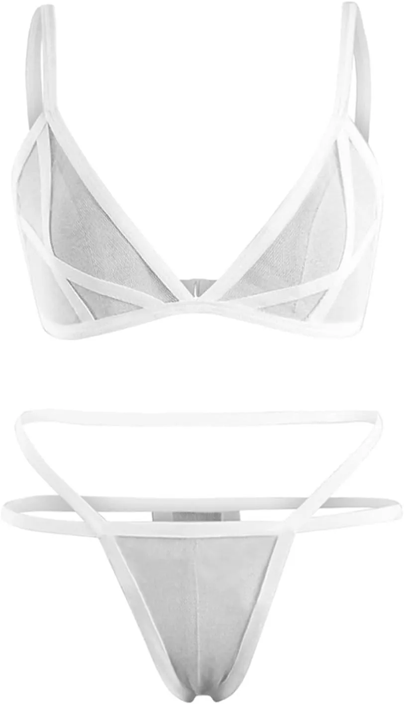 Women's Lingerie Backless Teddy Bodysuit Two Piece Sheer Bralette Strappy Embroidered Bra Panty Set