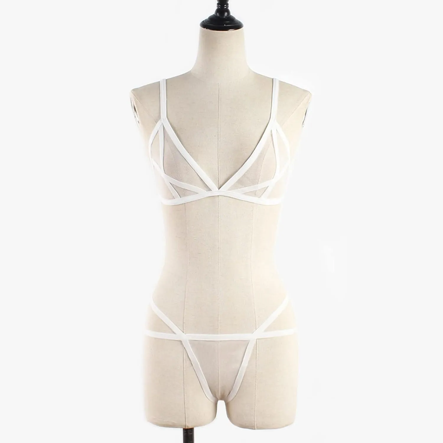 Women's Lingerie Backless Teddy Bodysuit Two Piece Sheer Bralette Strappy Embroidered Bra Panty Set