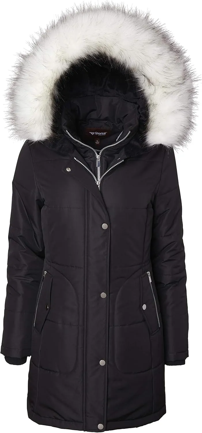 Women's Long Quilted Down Alternative Vestee Puffer Jacket Fur Trim Plush Hood - Black (Small)