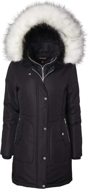 Women's Long Quilted Down Alternative Vestee Puffer Jacket Fur Trim Plush Hood - Black (Small)