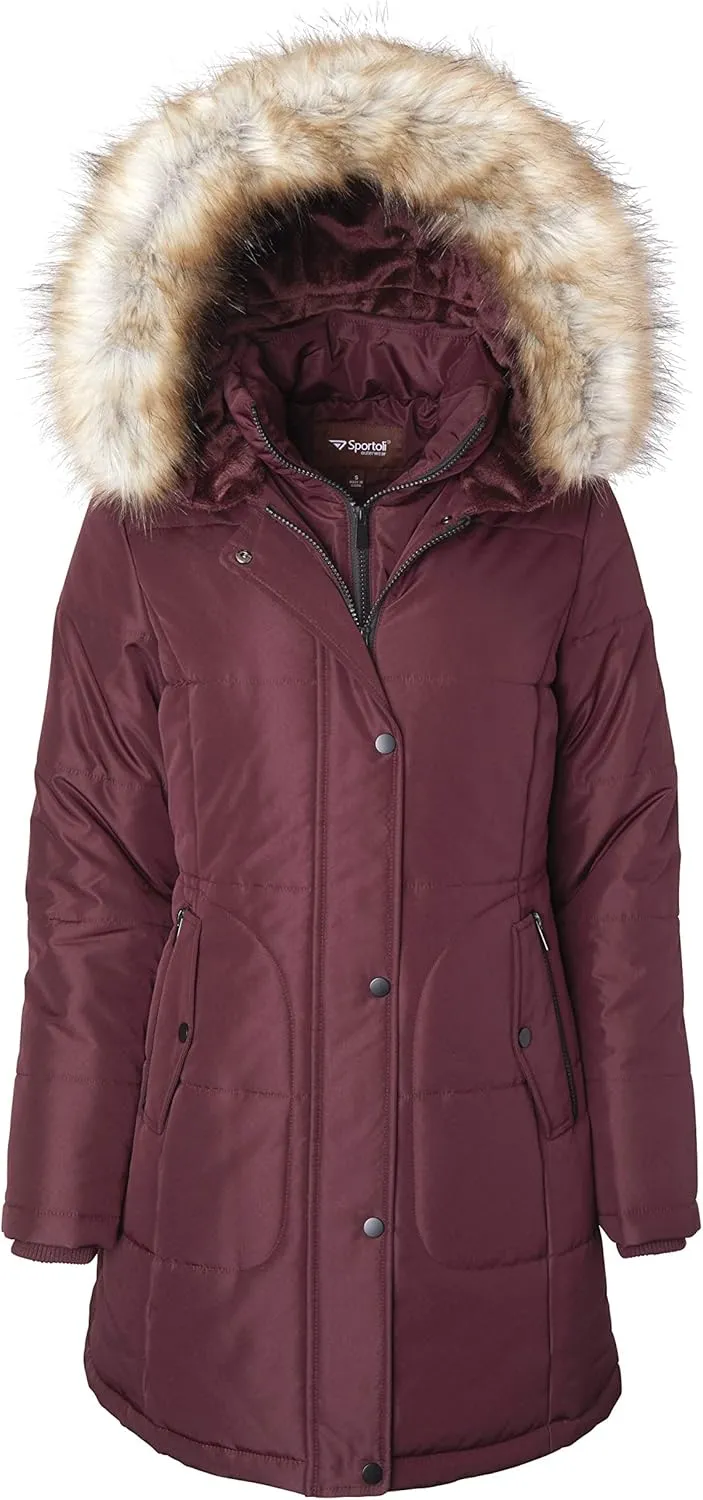 Women's Long Quilted Down Alternative Vestee Puffer Jacket Fur Trim Plush Hood - Merlot (Medium)