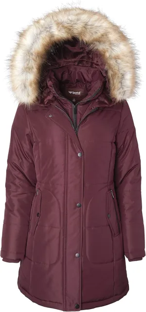 Women's Long Quilted Down Alternative Vestee Puffer Jacket Fur Trim Plush Hood - Merlot (Medium)