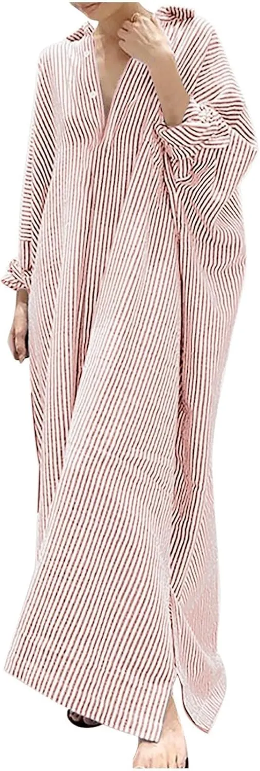 Womens Long Sleeve Button Down Shirt Dress Casual Striped Print Maxi Dresses Loose Fit Floor Length Slit Dress